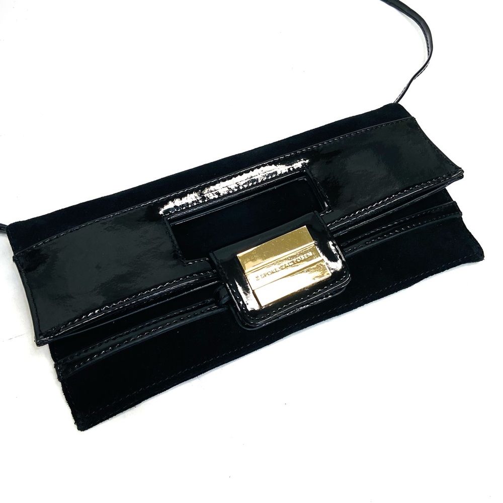 ZAC POSEN Z SPOKE BLACK SUEDE FOLD OVER SHOULDER CLUTCH BAG